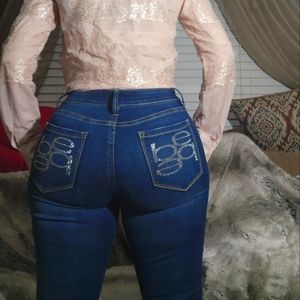 Bebe jeans New bebe logo stretchy dark blue rhinestone jeans